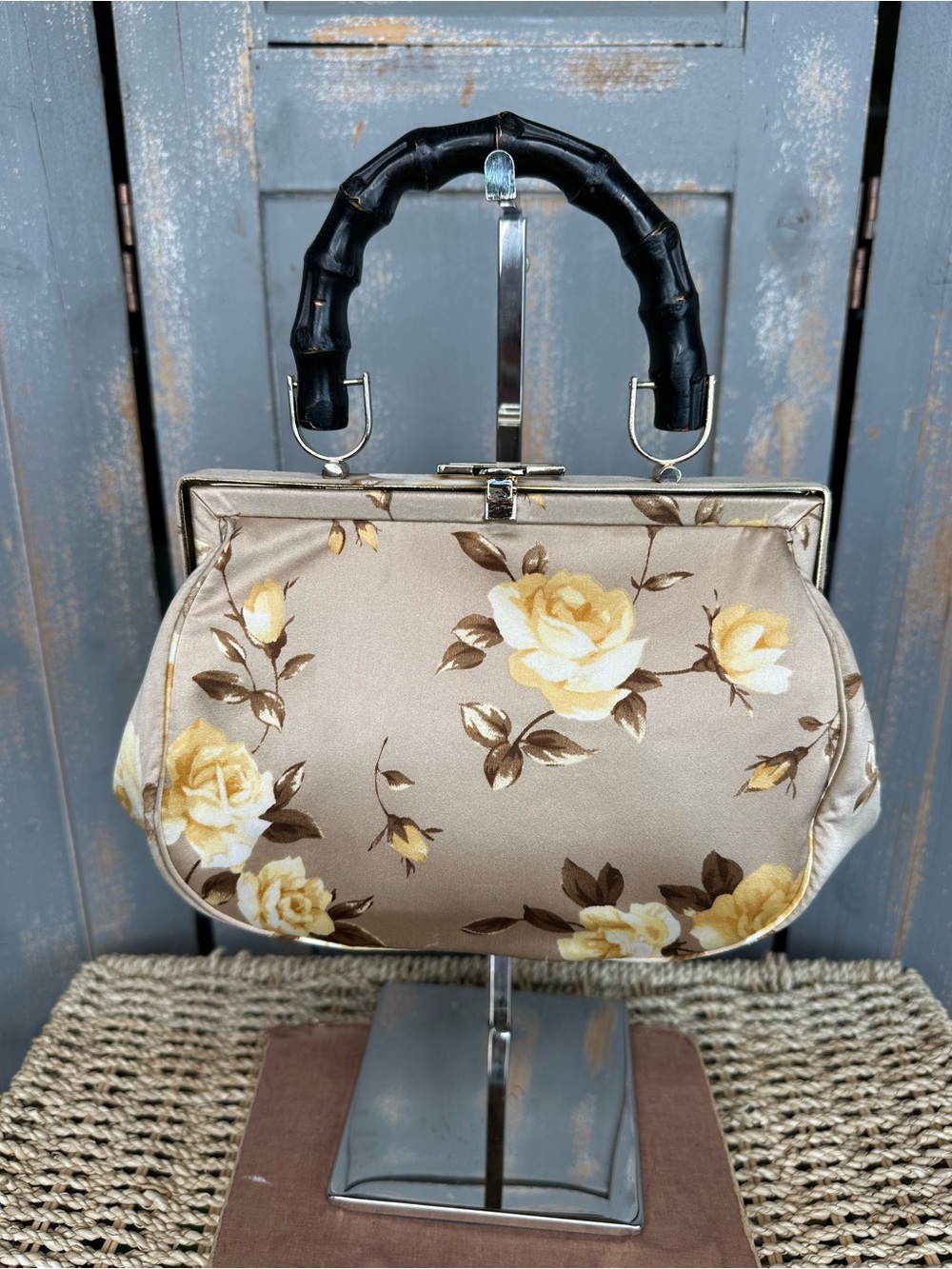 Banana Republic Silk Rose Floral Bamboo Handle Bag Yellow Beige